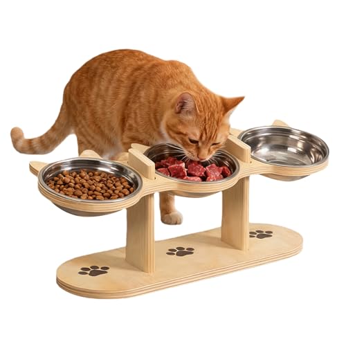 Ciotola per gatti rialzata, regolabile in altezza con 3 ciotole in acciaio inox, ciotola per cibo 3 in 1, ciotola per l'acqua per gatti, cani di piccola taglia, supporto in legno con inclinazione di