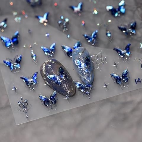 Butterfly Nail Art Stickers Decals Blue Butterfly Nail Decals 5D Embossed Nail Art Supplies Butterflies Star Nail Stickers Shiny Nail Accessories for Women Girls Spring Summer Nail Art Decoration Cover
