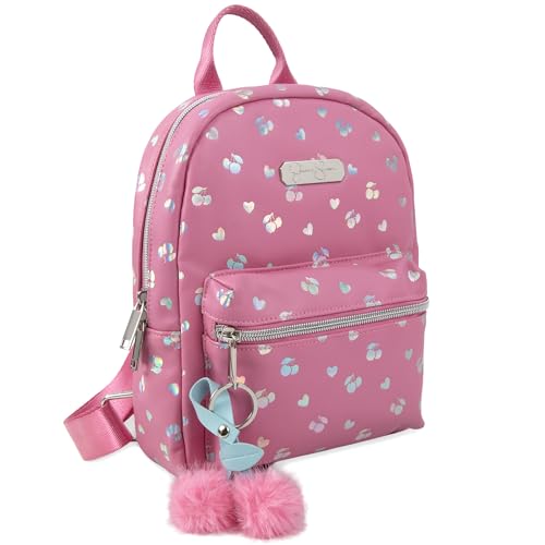 Image of Jessica Simpson Women's Mini Backpack, 10 Inch Vinyl Handbag Purse with Plush Keychain for Travel, Commute, Party, Festival (Pink Metallic Hearts & Cherries)