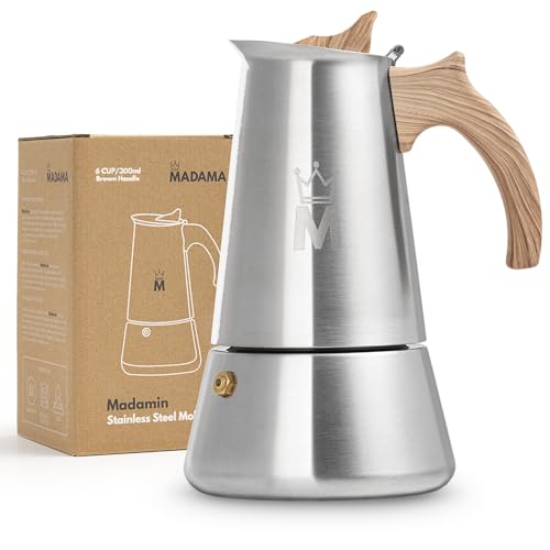 MADAMA - Moka Pot Espresso Maker - Stovetop Espresso, Coffee Percolator, Italian & Cuban Coffee Maker. For induction, gas or electic stoves - Stainless Steel - 6 Cups, 300ml