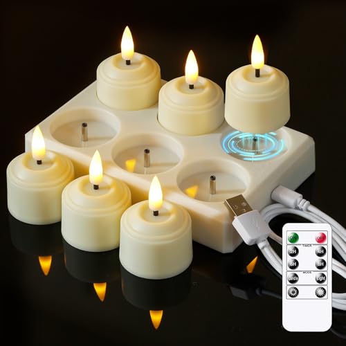 Bryxidor Rechargeable Tea Light 6pcs Timer Remote LED Candles with Charging Station 4cm x 5.5cm Ivory Flameless Plastic Small Votive Flickering Fake Tealight Candles for Centerpiece Decor