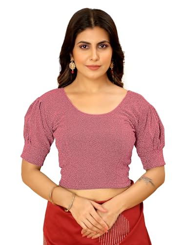 Image of Amazon Brand - Anarva Women's Readymade Shining Lycra Stretchable Round Neck Half Sleeve Blouses