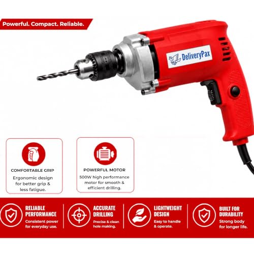 Image of Delivery Pax 500W Electric Drill for Wall Drilling | Reversible Corded Power Drill for Home Use | Concrete, Wood & Metal Drilling