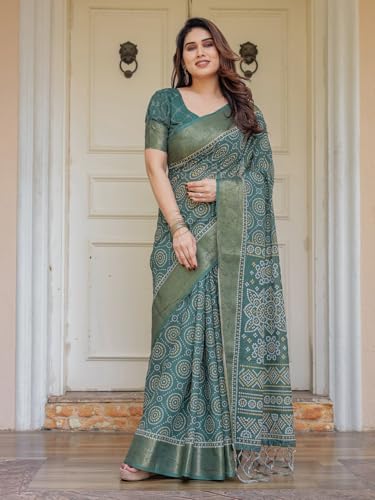 Image of ALMAARI FASHION Floral Printed Cotton Saree for Women with Handloom Zari Weave, Traditional Lightweight Ethnic Saree for Wedding Festive Office Party with Blouse Piece (LINEN 81-90 SH)