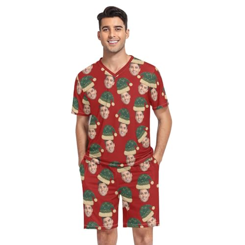 KLL Green Christmas Hat Custom Face Men's Short Sleeve Pajamas 2 Piece V Neck Lounge Set Tops & Shorts Loungewear