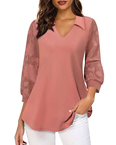 Vafoly Tunic Tops To Wear With Leggings, 3/4 Sleeve Blouses Womens Fall Tops Collared V Neck Work Tunic Shirts For Ladies Office Professional Stylish Flowy Tops For Women Fashion 2022 Carmine M #TOP6