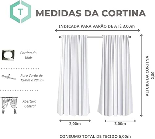 Cortina de Voil Sem Forro Para Varão 6,00x2,80 Ilhós Cromado (ML) (Pérola)