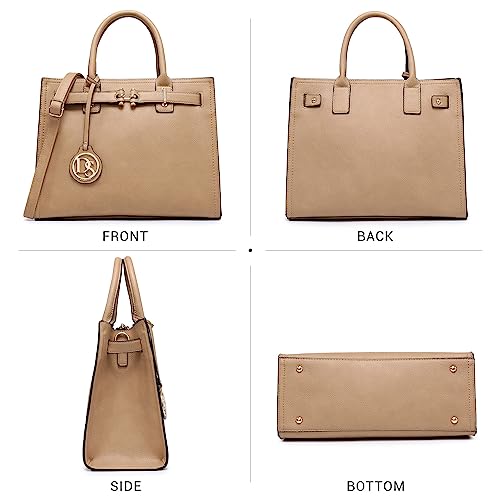 Dasein Women Satchel Purses Handbags Belted Top-Handle Work Tote Shoulder Bags With Long Strap (Beige) #TOP16