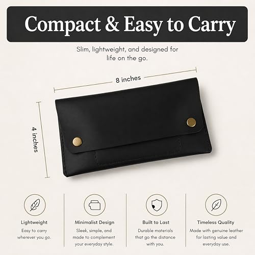 Image of Leather Currency Pouch - Handmade Cash Organizer with Double Button Closure & Zipper Pocket, Compact Money Holder for Travel & Everyday Use, 4 x 8 Inch (Black)