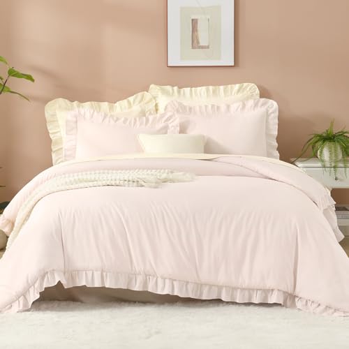 Image of Litanika Light Pink King Size Comforter Set, 3 Pieces Ruffle Farmhouse Aesthetic Bedding Comforter Set, All Season Soft Lightweight Fluffy Microfiber Bed Set(104x90In Comforter, 2 Pillowcases)
