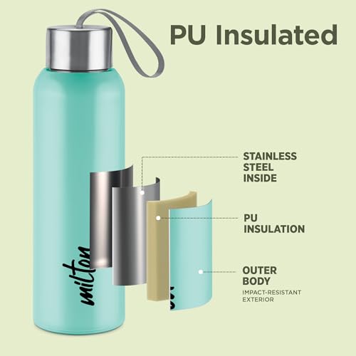 Image of Milton Halo 900 Steel Thermoware, Inner Steel, PU Insulated, Leak Proof Water Bottle for School Kids, Office, Gym, Easy to Carry Strap, 600 ml, Aqua Green