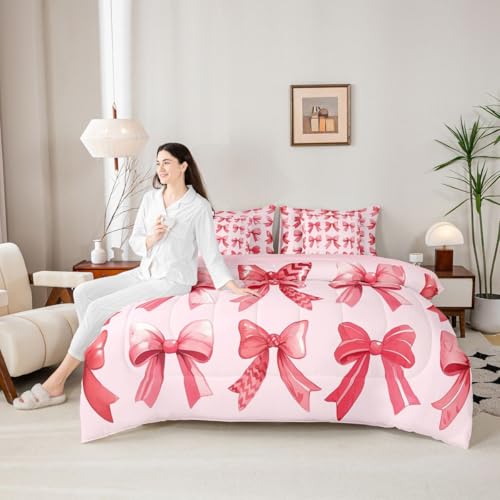 Image of Red Bow Tie Queen Comforter Set with Sheets | Princess Bow 7-Piece Bedding Set Cute Ribbon Bowknot Bed in a Bag, Dreamy Geometric Bowknot Bed Sets,Kawaii Room Decor Aesthetic