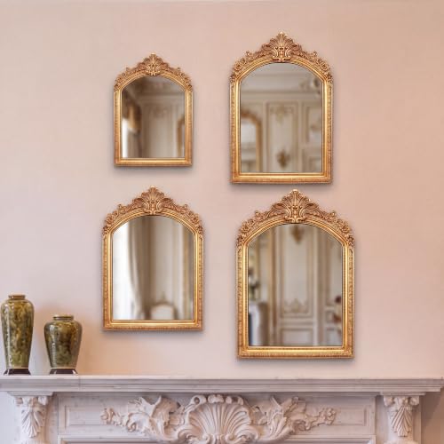 4 Pcs Vintage Gold Wall Mirror Set, Arch Retro Hanging Mirrors,Light Color