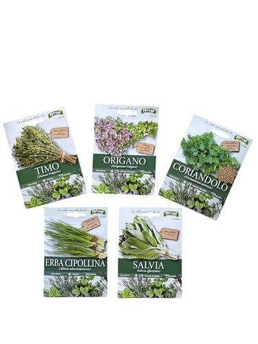 FIORAL-OFFERTA 5 BUSTE Di Semi Da Piantare-Timo, Origano, Erba Cipollina, Coriandolo,Salvia. Sementi Selezionate e di Alta Qualità. L'ortolano Fioral.