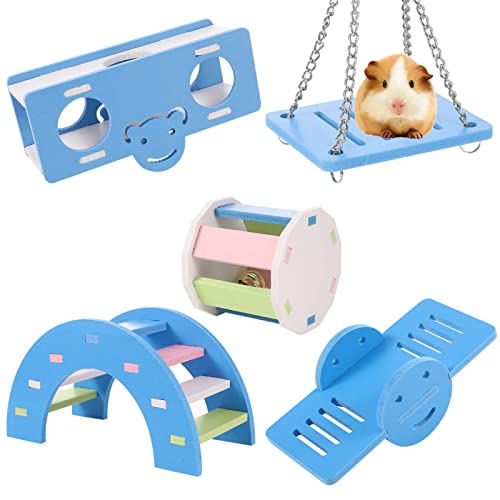 Smilcloud 5 Pcs Lovely Hamster Play Toys, Rainbow Bridge & Seesaw & Swing, Climb and Play Toy, Hamster Chew Toys DIY Hamster Cage Accessories for Small Pets(Blue)