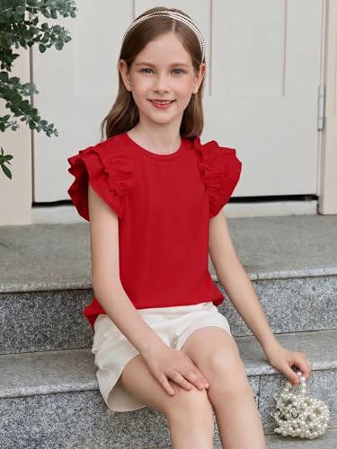 Image of Haloumoning Girls T Shirts Double Layer Ruffle Short Sleeve Kids Summer Crewneck Tunic Tee Tops 5-14 Years