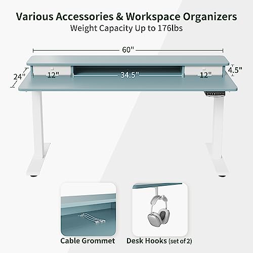 Image of FEZIBO 60 x 24 Inch Height Adjustable Electric Standing Desk with Double Drawer, Stand Up Desk with Storage Shelf, Sit Stand Desk, Blue