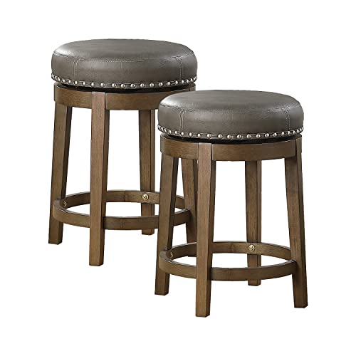 Lexicon Kenmare Swivel Stools Set of 2, Rustic 360 Degree Backless Swivel Counter Stools, Faux Leather Upholstered, Solid Wood Frame, Easy Assembly, Round Top, Foot Rest, 25" Gray