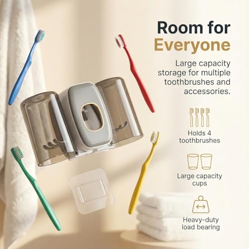 Image of COMFYHOME Tooth Brush Holder Bathroom, Automatic Toothpaste Dispenser, Self Adhesive Brush Stand for Bathroom Wall, Toothbrush Organizer with 2 Mouthwash Cups, 4 Slots Wall Mount Toothbrush Holders