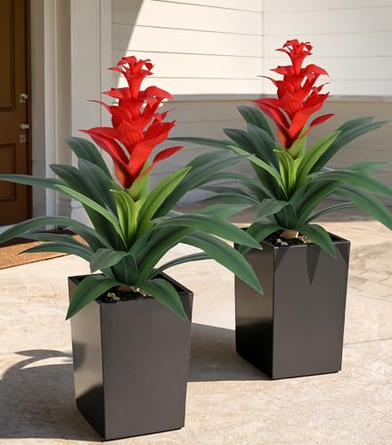 DREAMLOOM Artificial Plants Outdoor 2 Pcs 16.93 Red Bromeliads Fake Flowers UV Resistant Faux Plants Outdoor Tropical Flowers for Planters Outside Front Door Patio Yard Garden Porch Indoor Decor