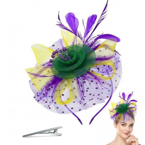 zmzdp Mardi Gras Fascinator Hats for Women Mardi Gras Fascinator Headpiece with Clip & Headband Feather Cocktail Hat with Veil Halloween Costume Tea Party Weddings Hair Accessory Colorful
