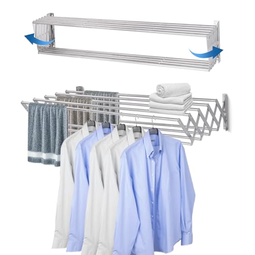 Sinbide Séchoir Mural, Séchoir à Linge Mural Rétractable Étendoir, Étendoir à Linge MuralMontage Mural,Étendoir à Linge Pliable pour l'intérieur ou l'extérieur (120cm)