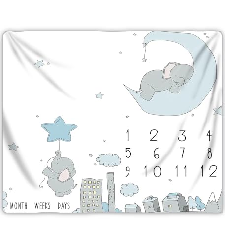 Image of MTMETY Baby Monthly Milestone Blanket Elephant Gender-Neutral Newborn Month Blanket Personalized Shower Gift Nursery Decoration Photography Background Props 48x40in BTLGME014