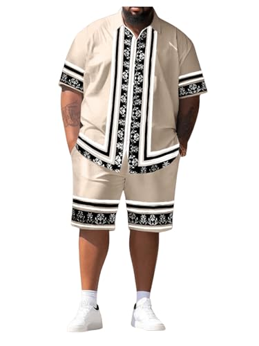 Men's Big and Tall 2 Piece Outfits Short Sleeve Button Up Vintage Shirts and Elastic Waist Beach Shorts