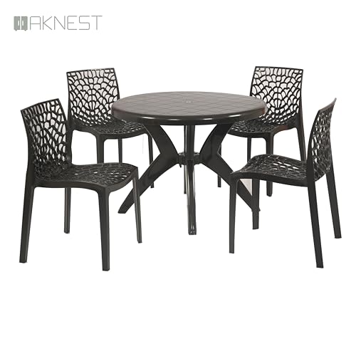 Image of Supreme Web Chair & Marina Table 5-Piece Set | Heavy Duty Plastic 4-Seater Dining Set for Living Room, Garden, Cafe & Outdoor Balcony, Color: Black