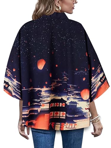 Image of LAI MENG FIVE CATS Women's Floral Print Loose Blouse Japanese Kimono Tops | Puff Sleeve,Cover up Top,Casual Cute Tops,Summer Cardigans 2026