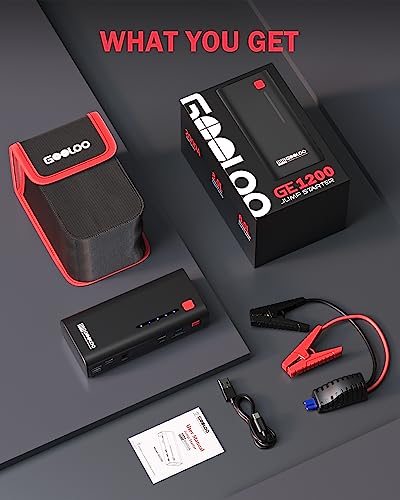 Gooloo Jump Starter Ge1200 2000A Peak Portable Jump Starter Battery Pack For Up To 8.0L Gas Or 6.0L Diesel Engine With Usb Quick Charge And Led Light, Supersafe 12V Lithium Car Starter #TOP6
