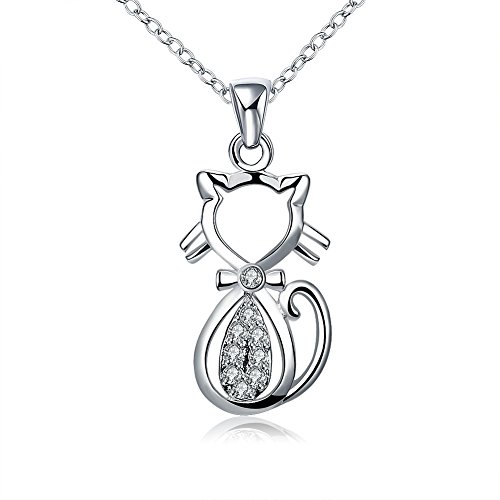 Preisvergleich Produktbild Nykkola Halskette mit Anhänger, Katzenmotiv, versilbert - 925er Sterlingsilber, Glaskristall