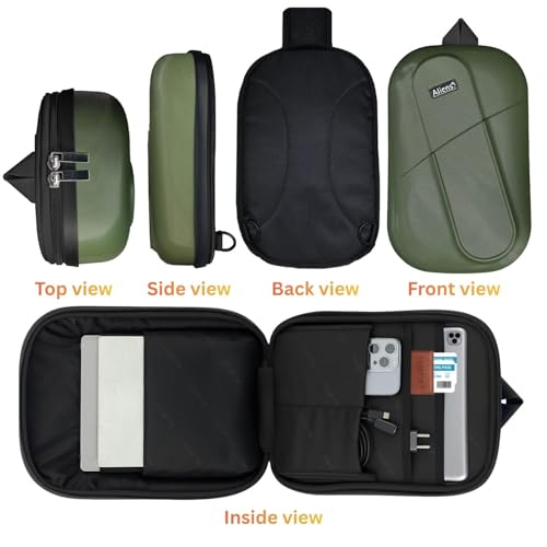 Image of Tukzer ABS Hard Shell Sling Bag Aliens Series 180Open Crossbody Side Shoulder Bag for Mens, Women, Office,Travel,Everyday Mini Backpack for iPad,Tablet,Smartphone,Charger,Headphone,HDD,Camera(01-GRN)