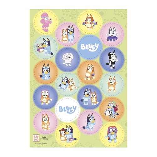 dekora Bluey Edible Mini Wafer Cupcake Toppers Edible Cake Decorations for Cookies & Muffins Official Bluey & Bingo Design Gluten-Free Easy to Use Party Supplies Pack of 20 3.4 CM