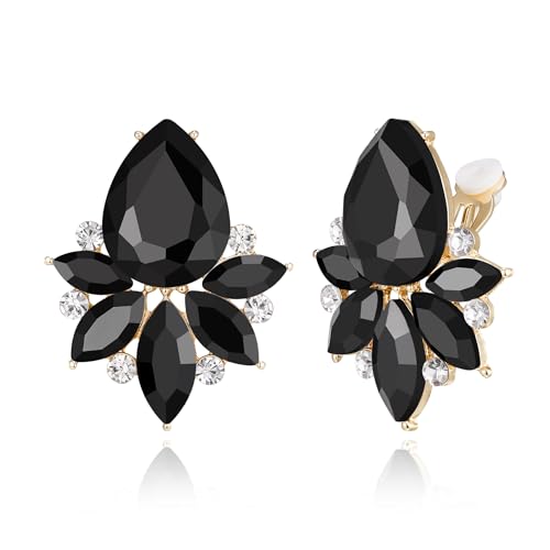 EVER FAITH Vintage Rhinestone Clip On Stud Earrings for Women, Fancy Crystal Cluster Teardrop Art Deco Non Pierced Earring for Wedding Bridal Brides Black Gold-Tone