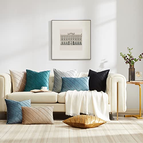 Image of GIGIZAZA Decorative Velvet Pillow Covers 16x16, Set of 2 Black Sofa Couch Throw Pillows Covers Cases, Living Room Square Cushion Accent Stripe Covers