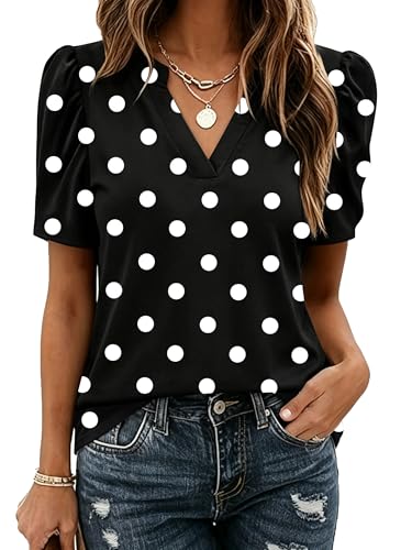 Image of Zeagoo Women Blouses Puff Short Sleeve Tops V Neck Dressy Casual Spring Shirts Boho Floral Cute Clothes 2026