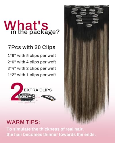 Image of Moresoo Ombre Clip in Hair Extensions Black to Dark Brown with Dark Blonde Extensions Clip in Human Hair Double Weft Balayage Natural Black to Blonde with Brown for Women Long 120g /7pcs 18 inch
