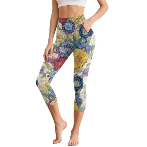 Legging hippie pour femme avec poches et motif floral fleurs boho en taille L