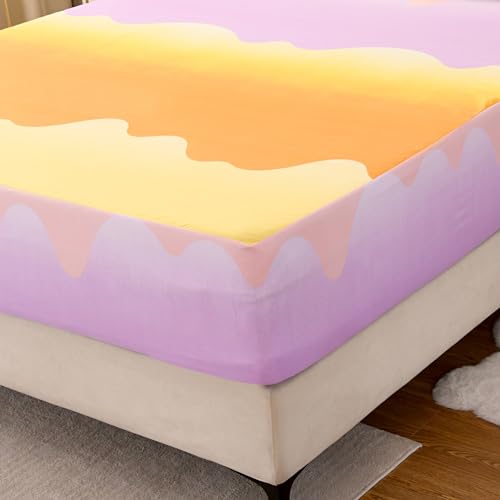 Image of Bedding Fitted Sheet with Deep Pocket,Thicken Printed Fabric Bed Sheets (Orange, Queen)