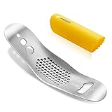 AMXRD Garlic Press Rocker & Silicone Peeler (Random Color), Stainless Steel Garlic Mincer, Herb Stripper & Leaf Zipper, Dishwasher Safe