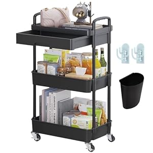 Wuciray Beauty Trolley on Wheels 3 Tier Storage Trolley with Drawer Plastic Beauty Trolleys Rolling Utility Cart for Home Kitchen Bathroom Laundry Office Black Storage Trolleys on Wheels Utility Cart