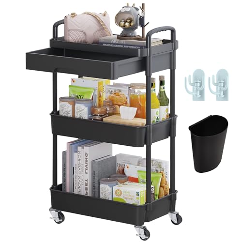 Wuciray Beauty Trolley on Wheels 3 Tier Storage Trolley with Drawer Plastic Beauty Trolleys Rolling Utility Cart for Home Kitchen Bathroom Laundry Office Black Storage Trolleys on Wheels Utility Cart