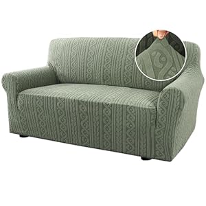 H.VERSAILTEX Couch Covers for 2 Cushion Sofa 1 Piece Stretch Loveseat Slipcover Pet Dog Universal Slip Cover Love Seat Covers Upgrade Thick Jacquard Fabric with Spiral Pattern(58″-70″, Sea Grass)