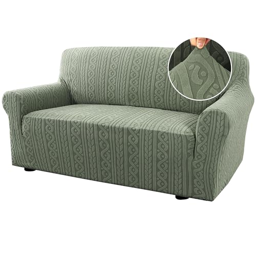 H.VERSAILTEX Couch Covers for 2 Cushion Sofa 1 Piece Stretch Loveseat Slipcover Pet Dog Universal Slip Cover Love Seat Covers Upgrade Thick Jacquard Fabric with Spiral Pattern(58″-70″, Sea Grass)