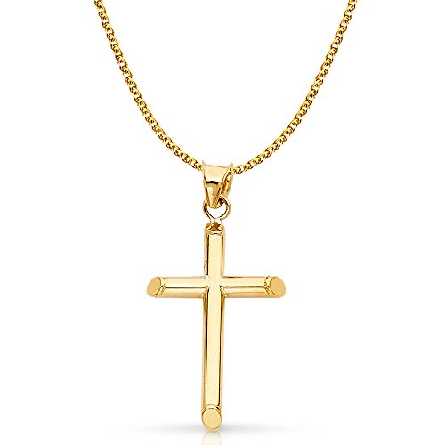 14K Yellow Gold Classic Cross Pendant with 1.4mm Flat Open Wheat Chain Necklace