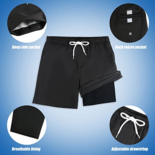 Image of Boys Swim Trunks with Boxer Brief Liner Compression Anti Chafe Swimming Shorts Stretchy UPF Quick Dry Swimsuit