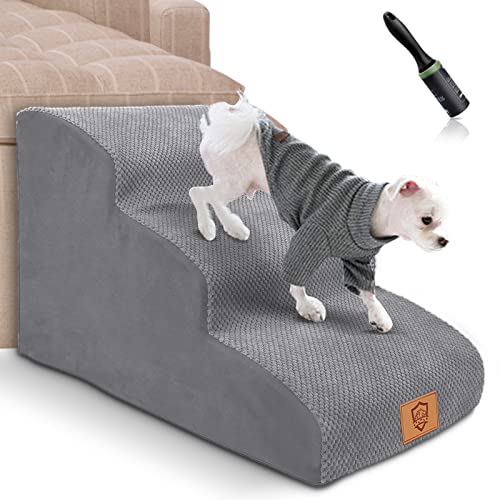 Myiosus Hundetreppe 3 Stufen, Haustiertreppe für Kleine Hunde und Katzen, Hund Treppe mit Waschbar Bezug, Hundetreppen aus Hochdichter Schwamm, Dog Stairs für Sofa Bett - mit 1 Fusselrollen Cover