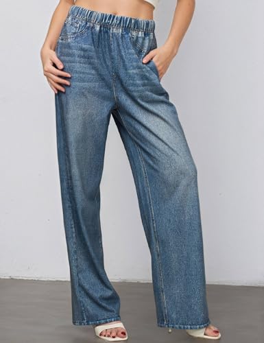 Women's Wide Leg Jeans Look Like Denim Cotton Terry Pull-On Print Denim Sweatpants with Elastic Waistband3