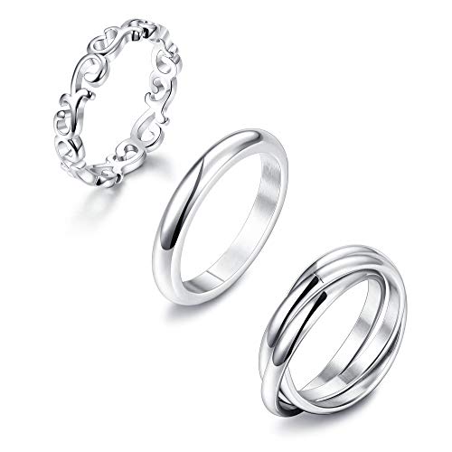 LOLIAS 3Pcs Stainless Steel Rings for Women Plain Dome Celtic Knot Triple Interlocked Rolling Eternity Wedding Band Stackable Ring,11